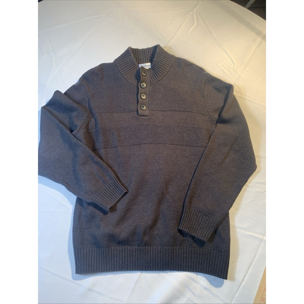 Haggar - Chocolate Brown knit partial button pullover sweater, L Ribbed Neck Cuf